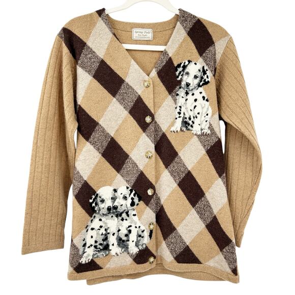 Spring Field Womens Vintage Dalmatian‎ Dog Plaid Knit 100% Wool Cardigan Sweater - Picture 1 of 7